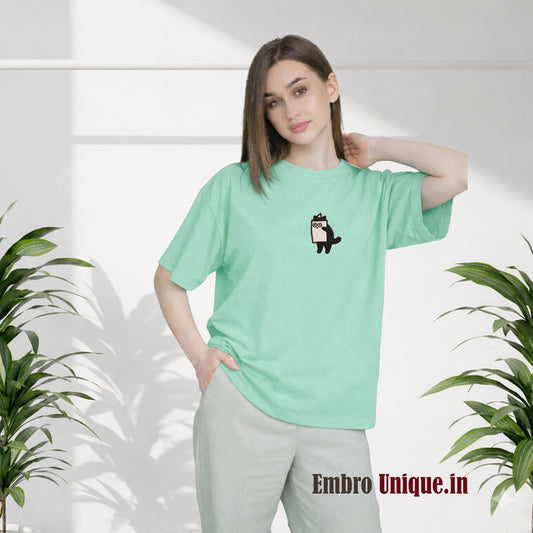 Cute Cat with Book embroidery T Shirt (Pet Embroidery)