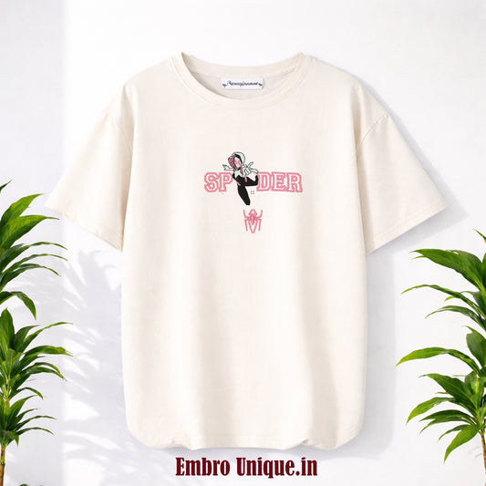 Marvel Spider-Gwen Embroidered T-Shirt for Girls | Premium Oversized Cotton Tee