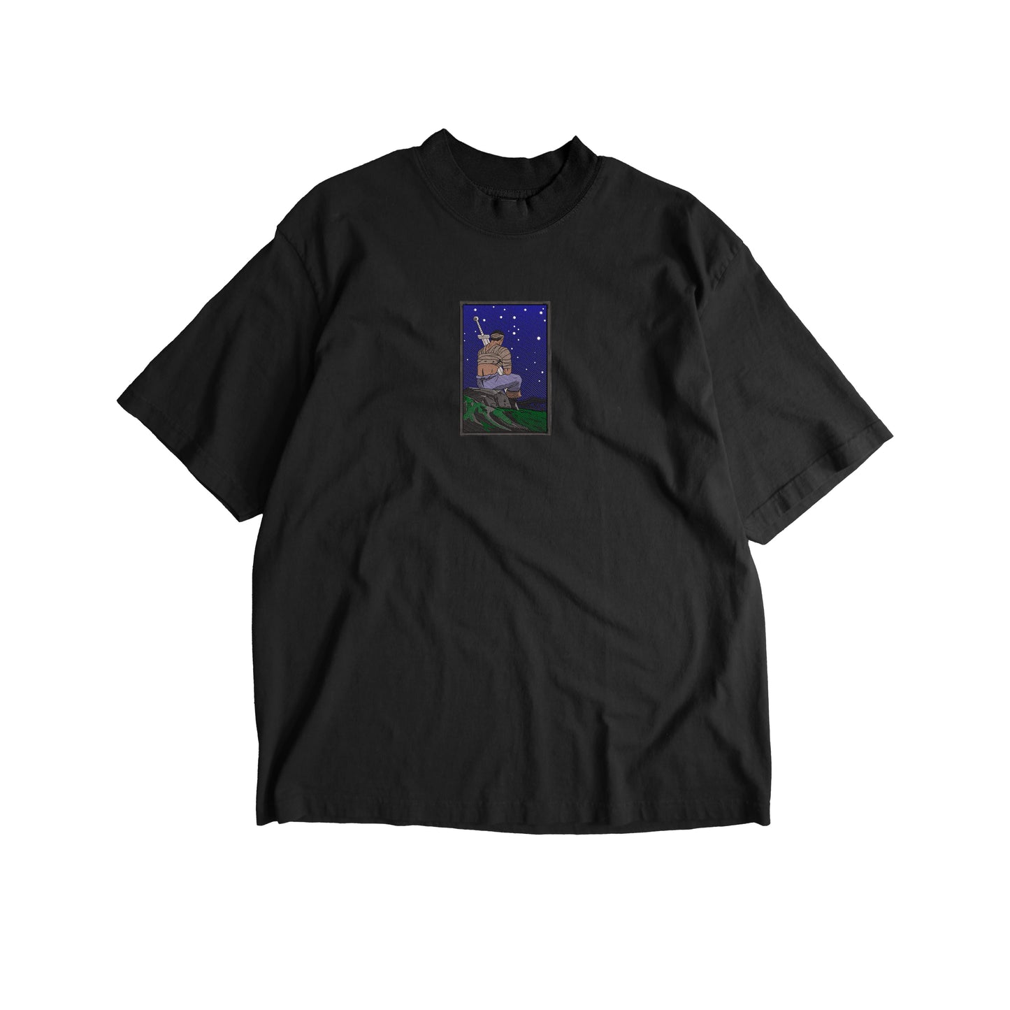 Anime Dark Swordsman Starry Night Embroidered T-Shirt – Premium Anime Embroidery Streetwear India