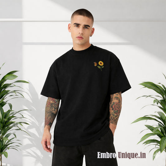 Premium Sunflower Embroidered T-Shirt with Butterfly Design