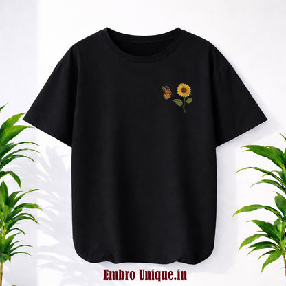 Premium Sunflower Embroidered T-Shirt with Butterfly Design