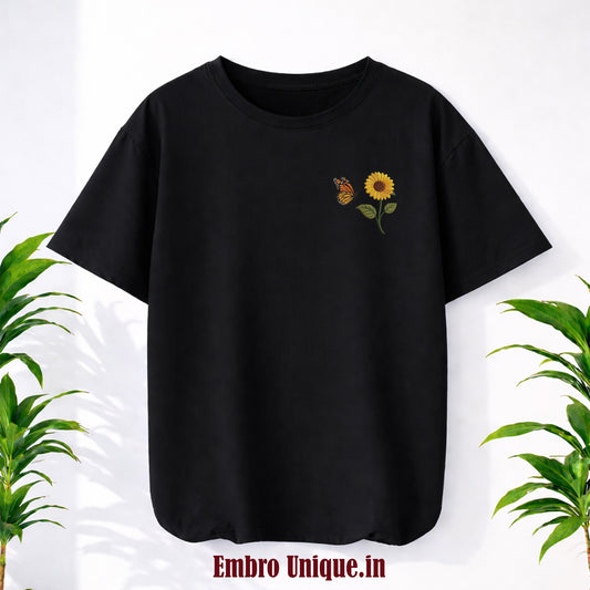 Premium Sunflower Embroidered T-Shirt with Butterfly Design
